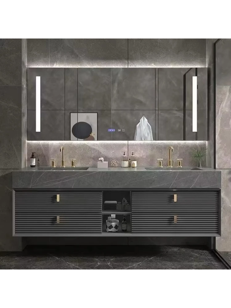 Modern Lightweight Luxury Bathroom Cabinet Double Basin Integrated Slate Washstand Lacquered Door Panel