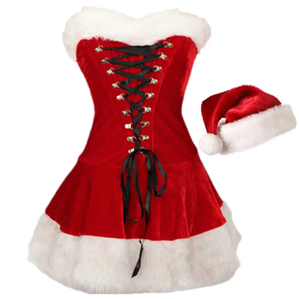 Costume de Cosplay de noël pour femmes, ensembles de vêtements en peluche pour père noël, robe fantaisie de fête du nouvel an