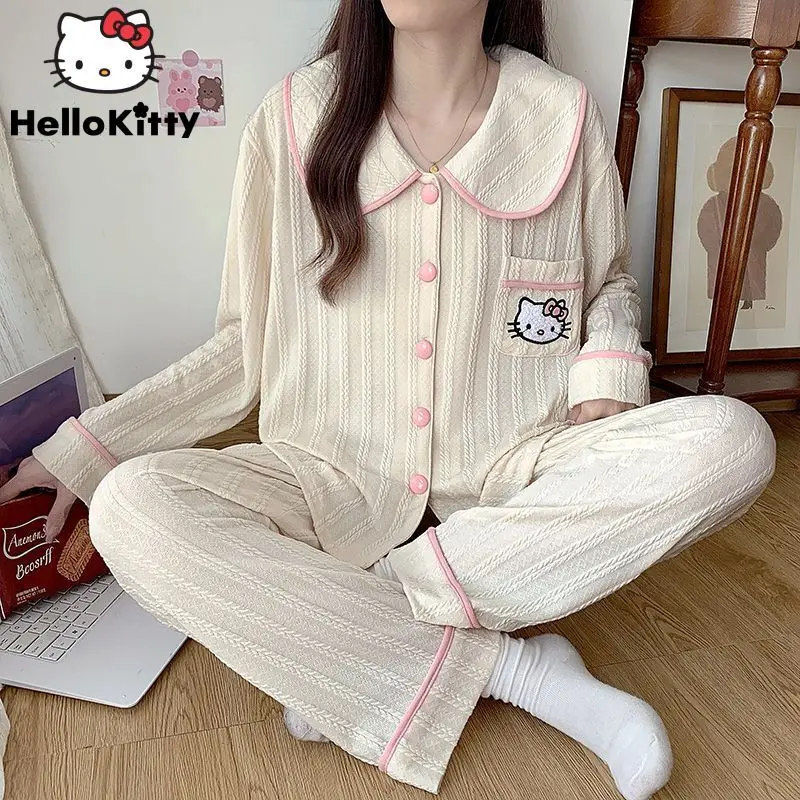 Sanrio Hello Kitty Women\'s Spring Autumn New Sleepwear Korean Style Pure Cotton Home Clothes Simple Design High-end Pajamas Set