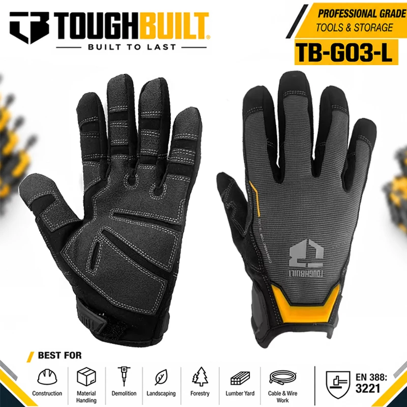 TOUGHBUILT TB-G03-L Microfiber Work Gloves, Abrasion Resistant Protective Safety Gloves for Construction & Power Tool Operation