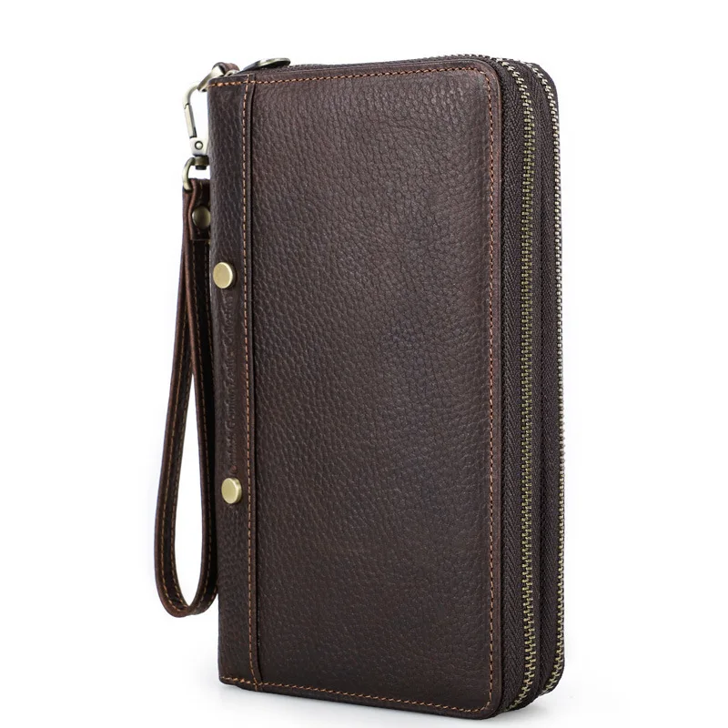 New Fashion Crazy Horse Cowhide Casual Men's Handbag Leather High-end Wrist Double Zipper Storage Bag Wallet Men Leather Wallets