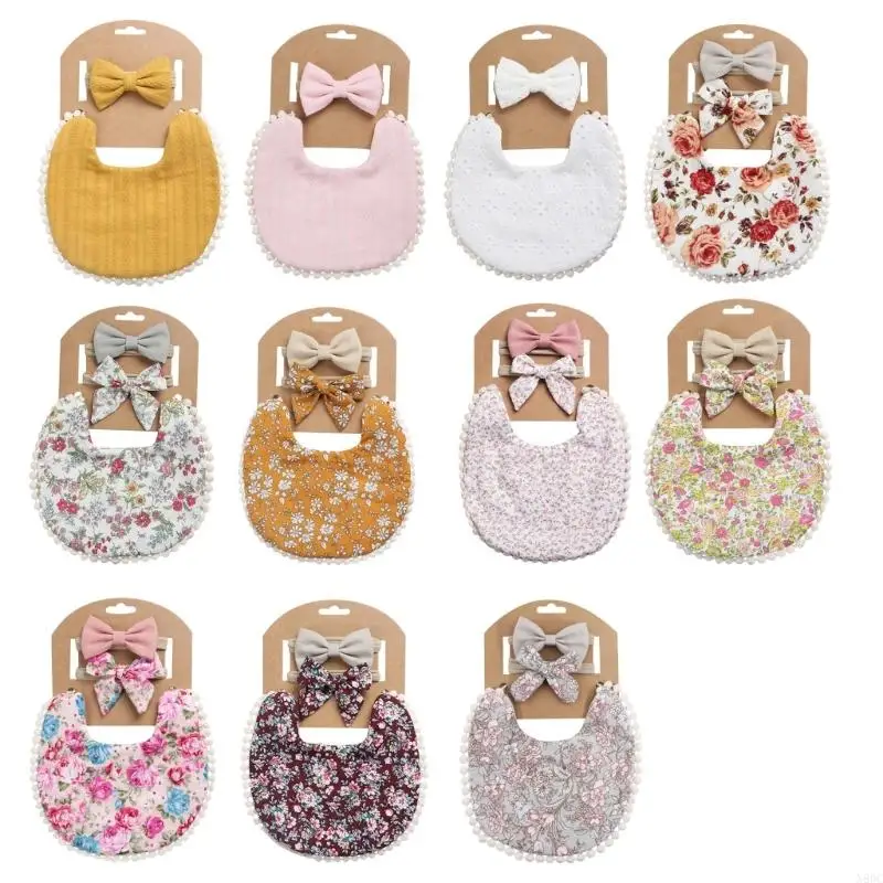 N80C Baby Bibs for Girls Double-Deck Cotton Drooling Bibs with Cotton Headband Set