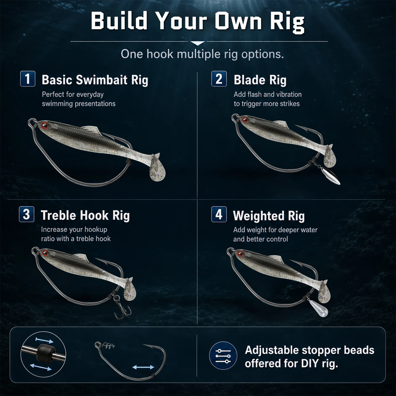 9KM Weedless Swimbait-Haken mit Köderstopper, 25 Stück extra breite EWG-Wurmhaken mit Schraubverschluss-Köderhalter für Bass-Angeln – Detail 4