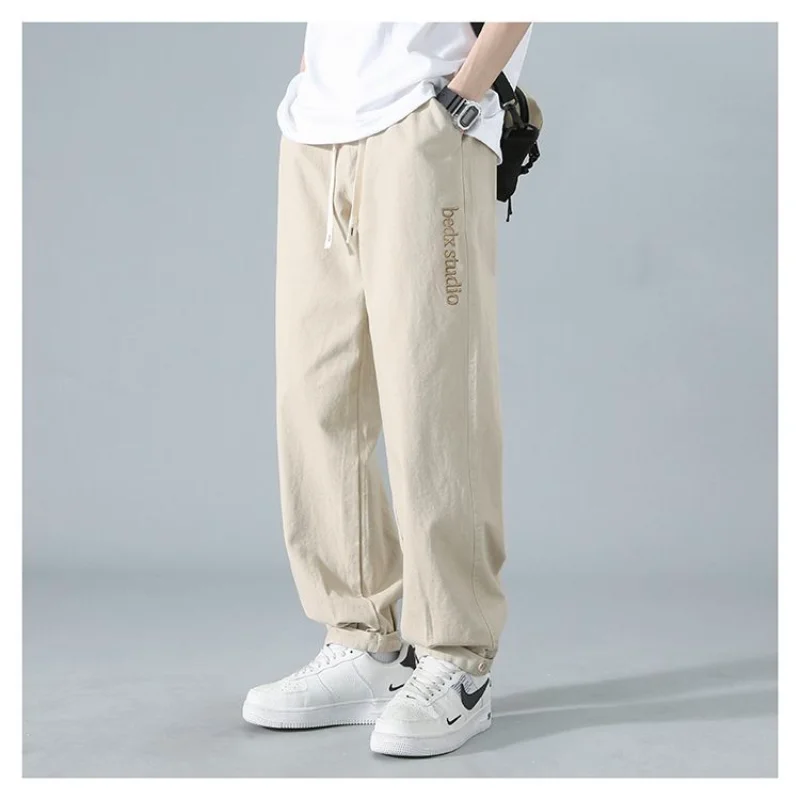 Versatile Commuter Men's Clothing Spring and Autumn New Splice Pockets Drawstring Solid Color Straight Barrel Workwear Pants