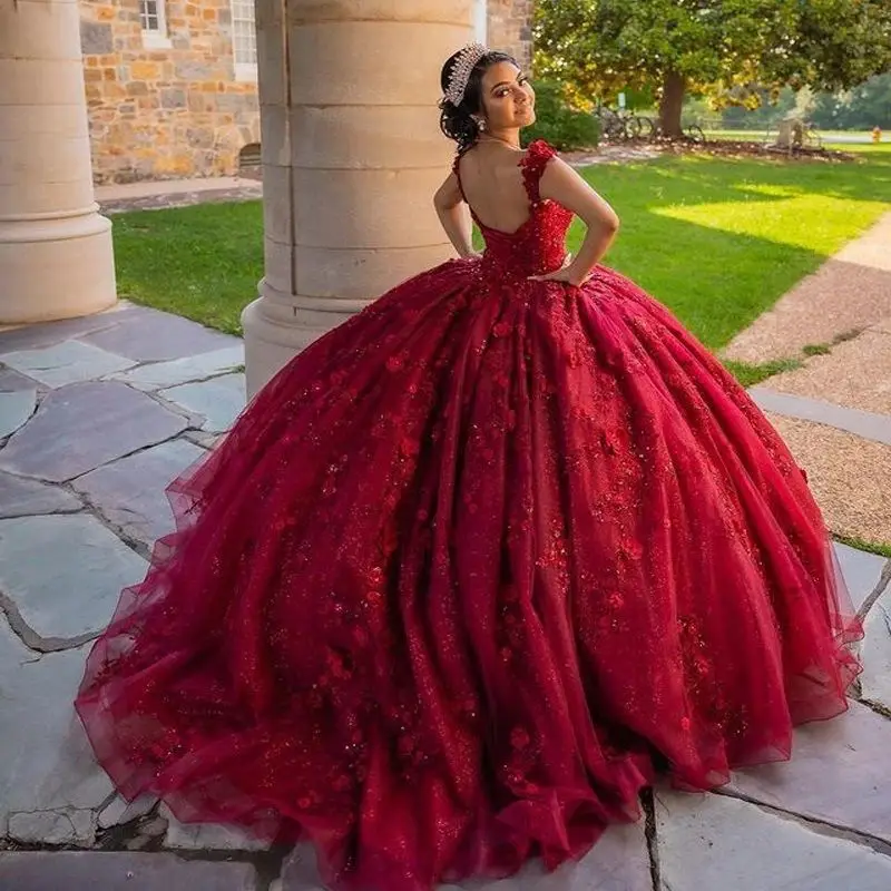 Lorencia-vestido De baile rojo con hombros descubiertos, quinceañera, apliques De flores 3D, cuentas, dulce 16, 15 Años, YQD627