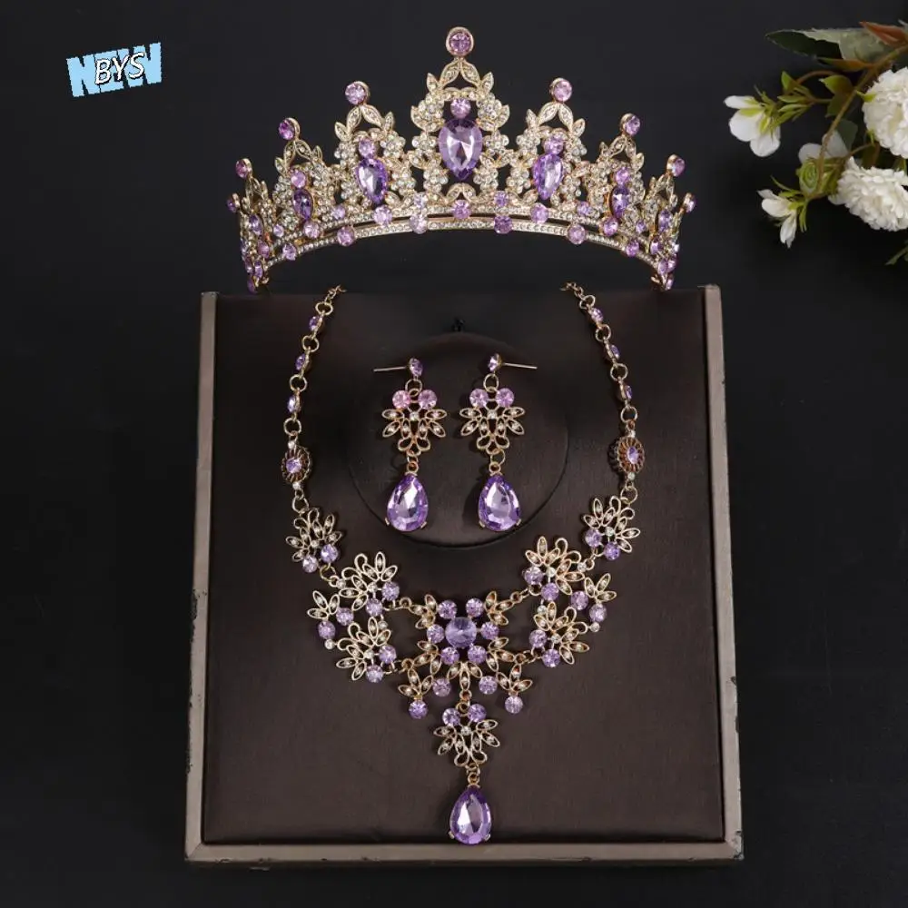 

Baroque Style Tiara Earrings Necklace Luxury Comfortable To Wear Bridal Jewelry Sets Shiny Widely Use Crystal Headdress Prom