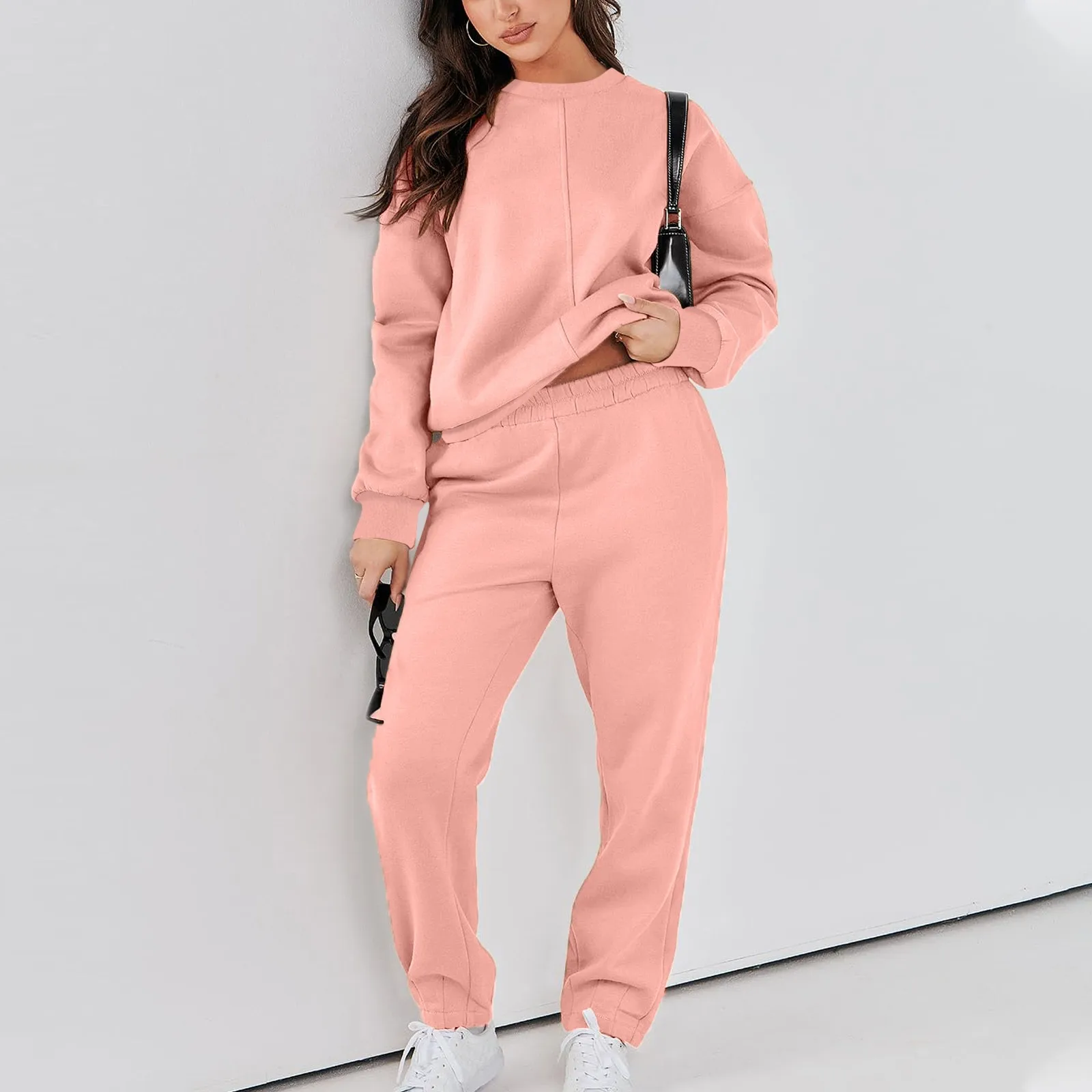 

Women's Solid Color Simplicity Sweat Set Long Sleeve Pullover Sweatshirt And Loose Sweatpants Casual Two Piece Outfits For Women