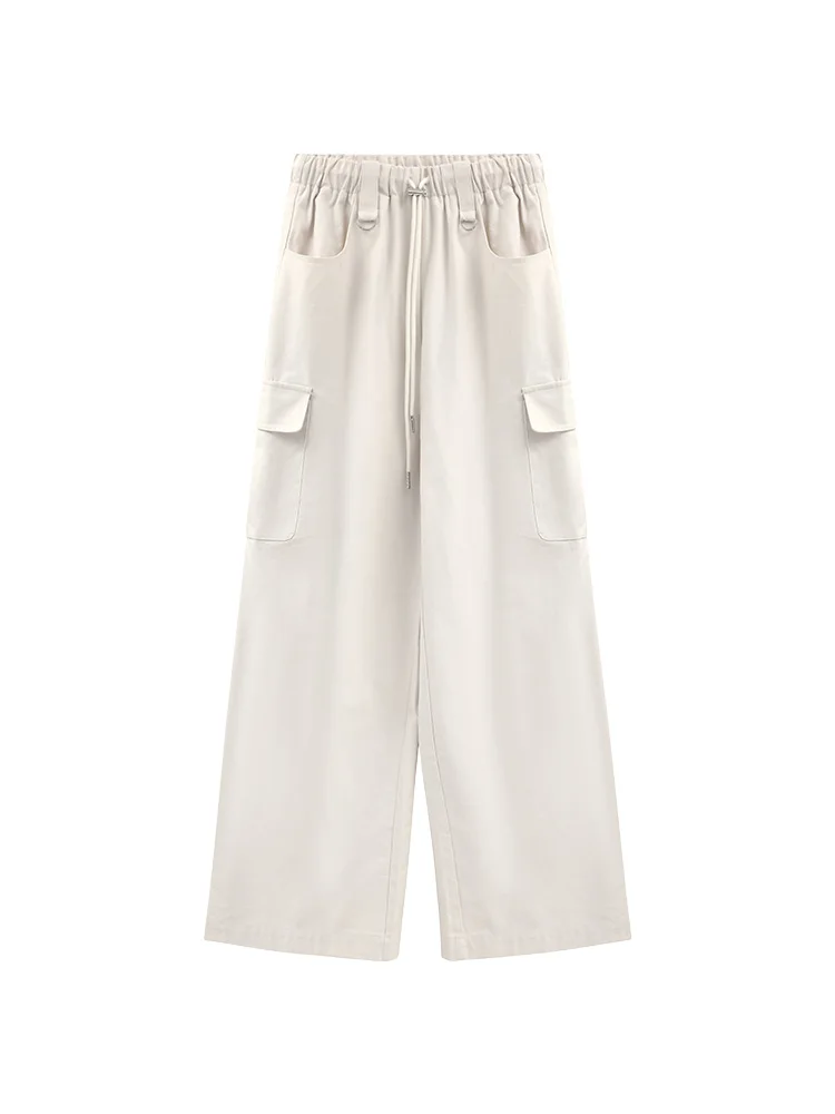 Women's High-Waist Cargo Pants Loose Fit Drawstring Wide-Leg Trousers Casual Vintage Straight-Leg Pants for Spring Summer