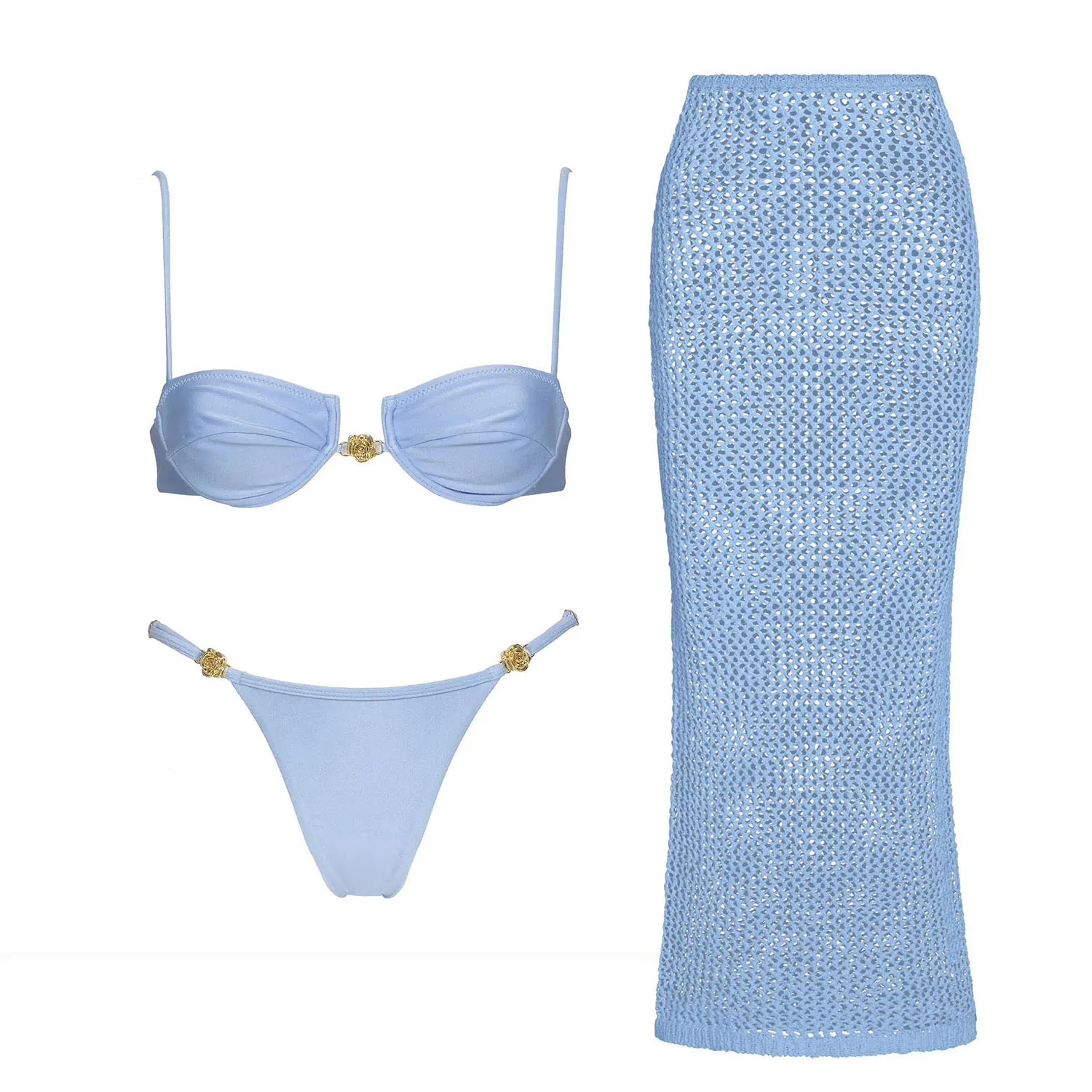 Push Up 3Pcs Swimsuit Sexy Bikini Women Swimwear Brazilian Biquini Crochet Skirt Bathingsuit Female Solid Swim Suit Beachwear