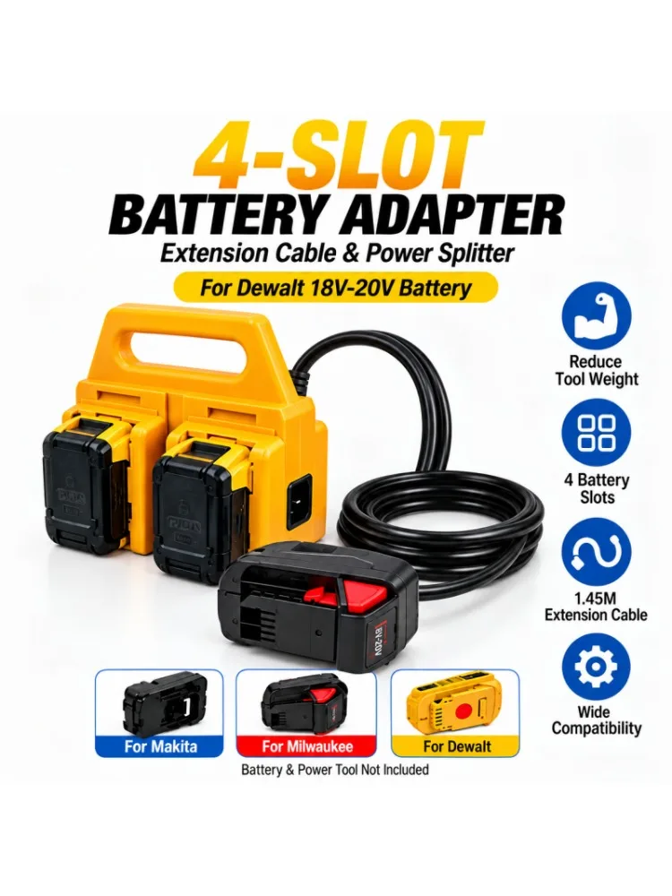 Adapter do akumulatorów Dewalt 18V i 20V, rozdzielacz z 4 gniazdami, kabel o długości 1,45 m, reduktor wagi, kompatybilny z narzędziami Makita i Milwaukee. — zdjęcie produktu 7