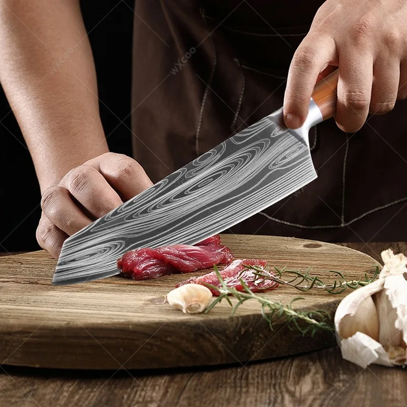 Japanese Chef Damascus Pattern Kitchen Knife Hammered Boning Knife Cleaver and Slicing Knife Kitchen Scissors with Cover