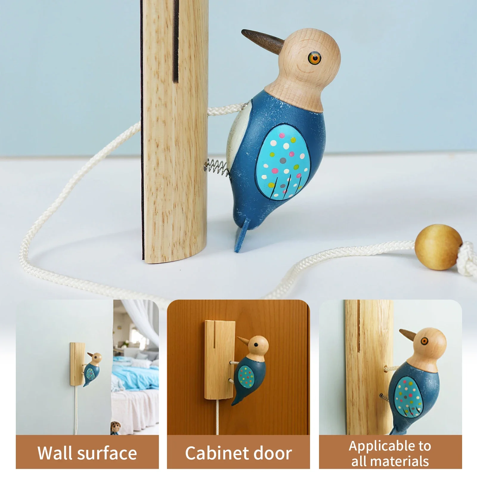Creative Door Knocker Woodpecker Door Knocker Pull Rope Wood Woodpecker Doorbell Funny Antique Door Knocker  for Home Decor
