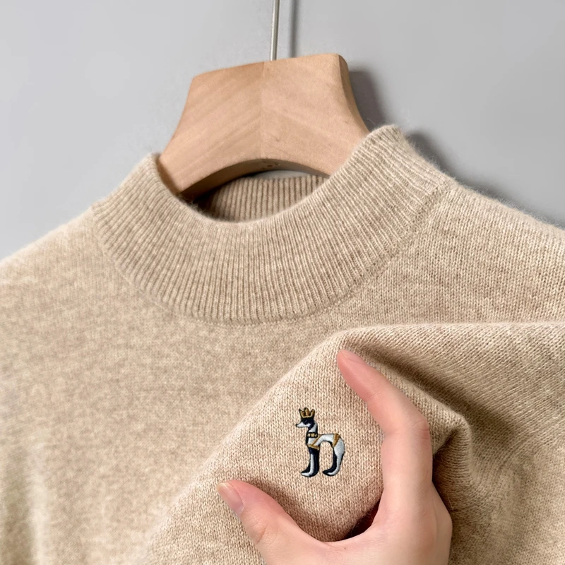

Cartoon Dog Embroidery Wool Men's Pullover Hot Sales Light Luxury Knit Sweater Mock Neck Winter Warm Soft JapanTrend Men's Wear