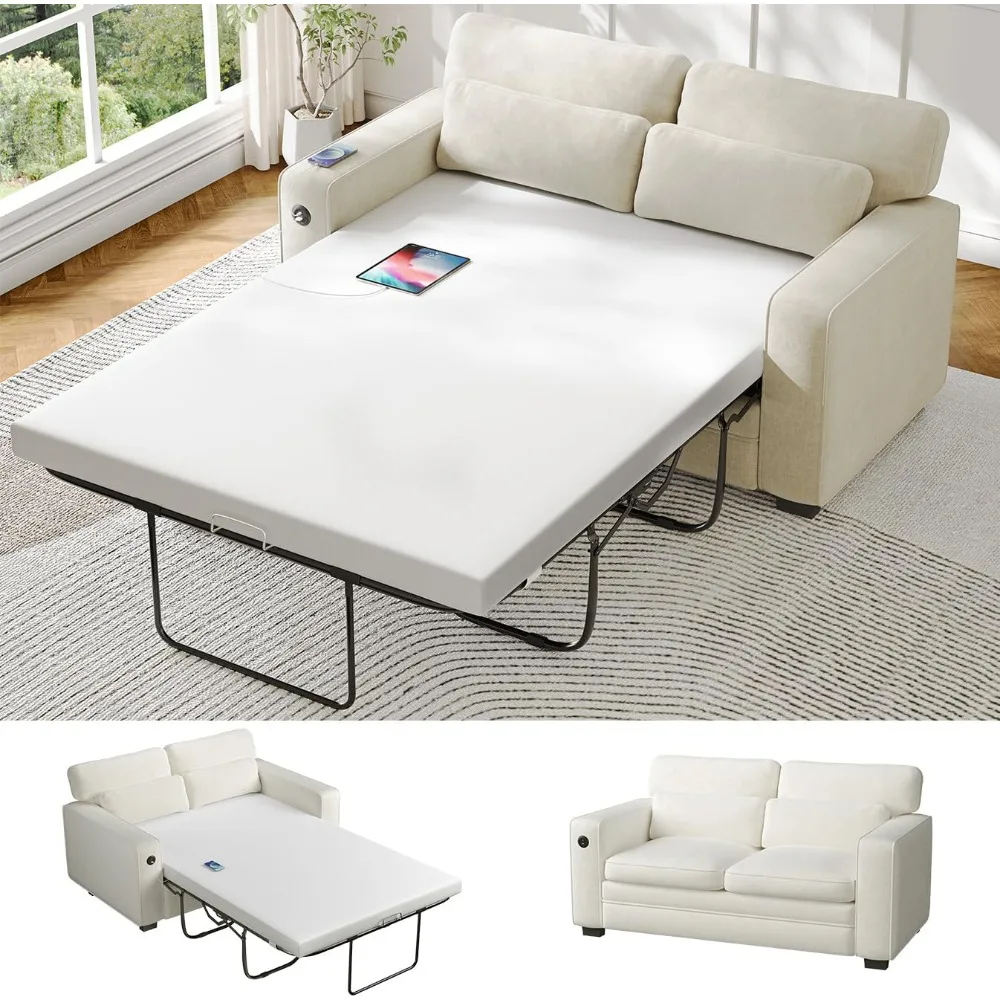 

Pull Out Sofa Bed, Full Size Sleeper Sofa with Memory Foam Mattress, 2 USB Charging and Removable Covers, Loveseat for Living R