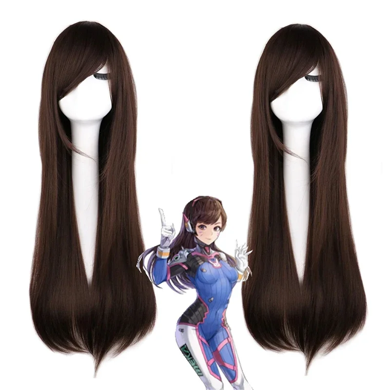 

Cosplay Wig Anime Game Overwatch DVA Human Hair Brown Black Long Straight Hair High-temperature Silk Masquerade Full Wigs