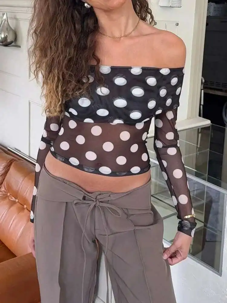

Fantoye Sexy Off Shoulder Print Polka Dot Women T-shirt Black Long Sleeve Short T-shirt Femme Autumn Slim Casual Streetwear 2025