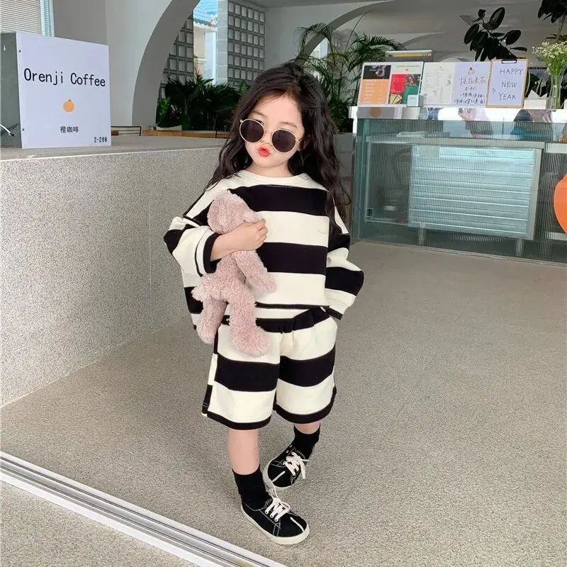 Children\'s Sweater Set Spring New Boys and Girls Shorts Top 2PCS Suit Autumn Baby Striped Long-sleeved T-shirt Set