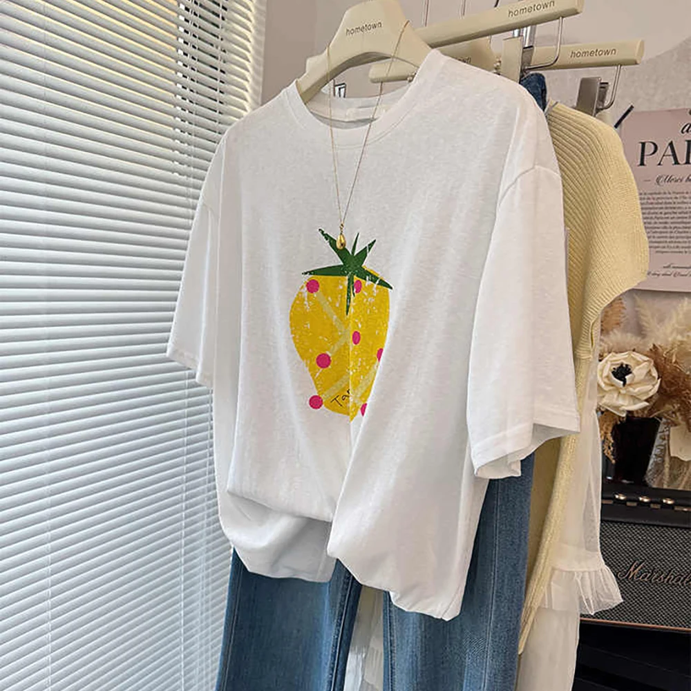 المرأة رقيقة تي شيرتات رائع الصيف عادية فضفاض س الرقبة الفراولة طباعة الأساسية تي شيرت الإناث قصيرة الأكمام سليم صالح تيز القمم