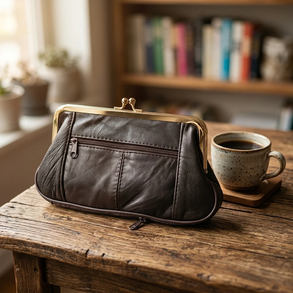 Travel Coin Purse Sheepskin Leather Change Holder Kiss Lock Wallet Compact Cash Organizer for Women Men Daily Business Use