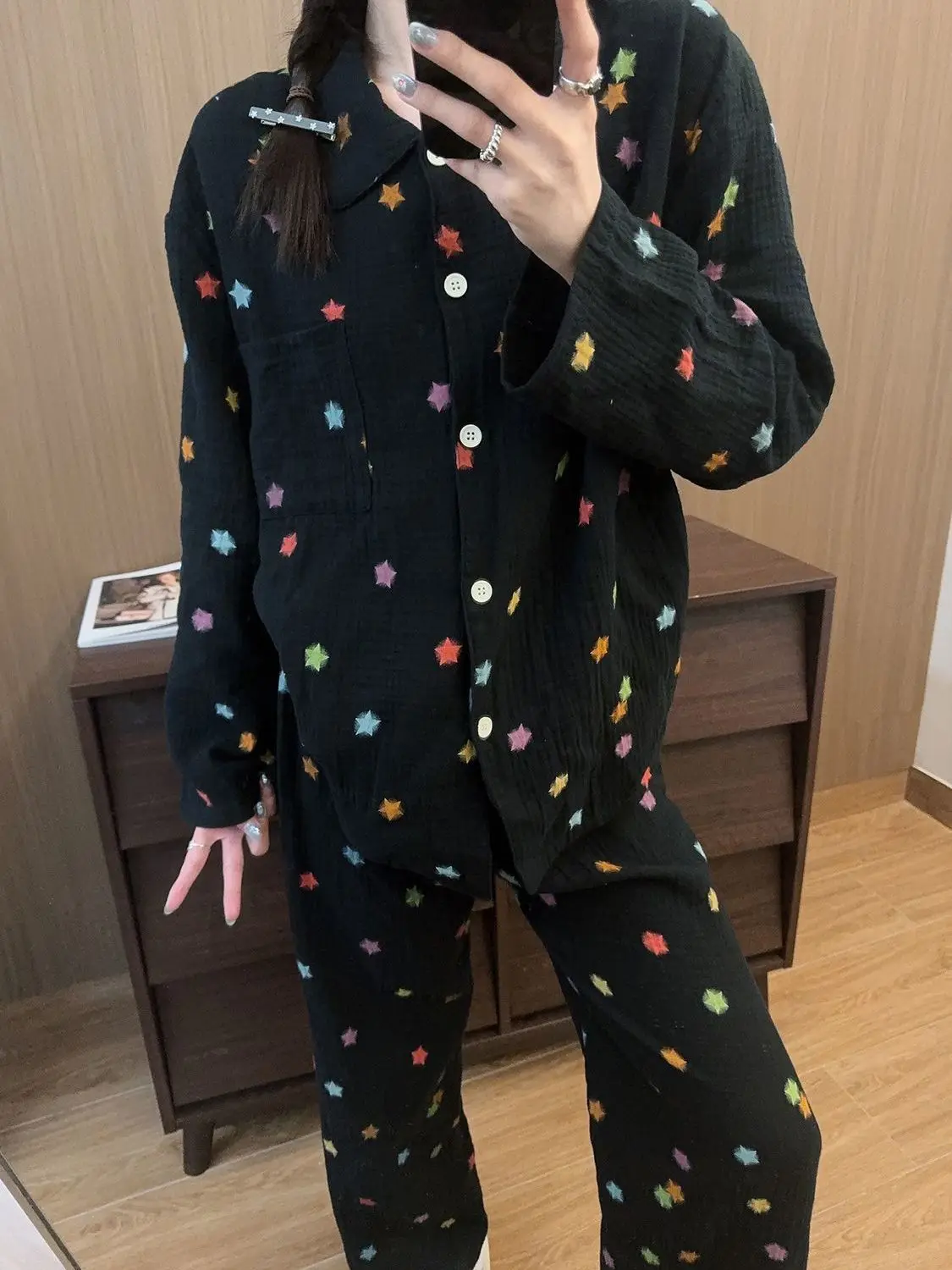 Japanese Cartoon Star Sleepwear for Women, Loose Fitting, Suitable for Outdoor Wear In Spring and Autumn, Couple's Long Sleeved