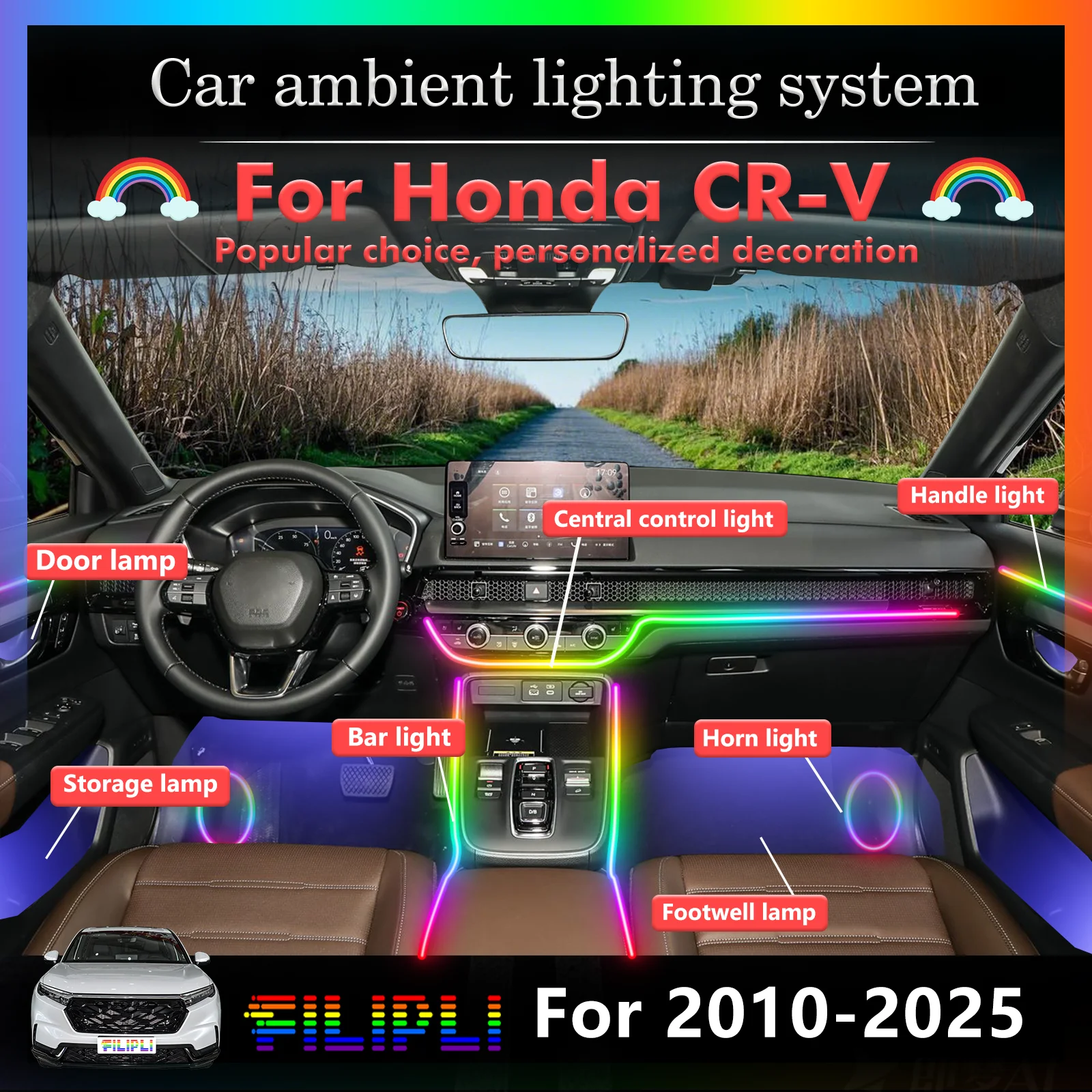 20 In1 for Honda CR-V FD2‌ FK2‌ FK8 FL5 Car LED Ambient Lamps Colorful Atmosphere Lights Auto Interior Neon Strip 64 RGB Light