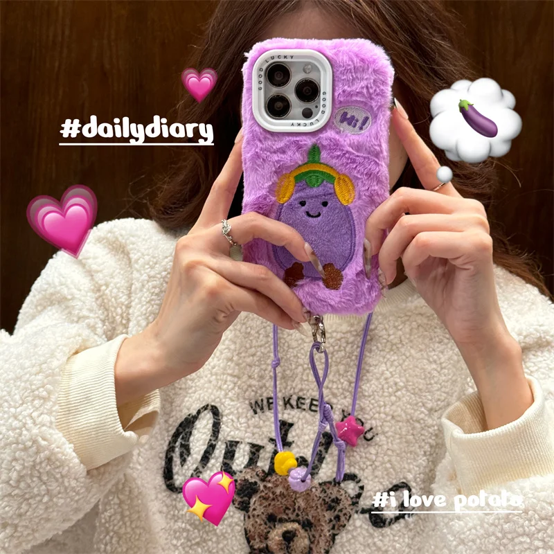 Purple Fluffy Fuzzy Plush Fur Cases For iphone 16 pro max warm Cute Soft Phone cover for iphone 15 14 13 pro max + Long lanyard