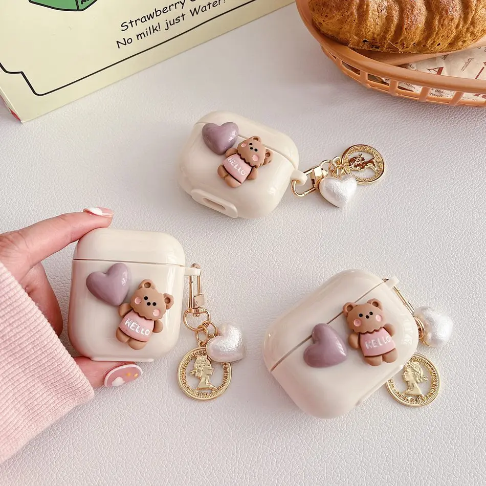 에어팟 3 케이스 에어팟 프로 에어팟 2 케이스, 귀여운 곰 실리콘 이어폰 케이스, 패션 펜던트 액세서리, 헤드폰 박스 커버