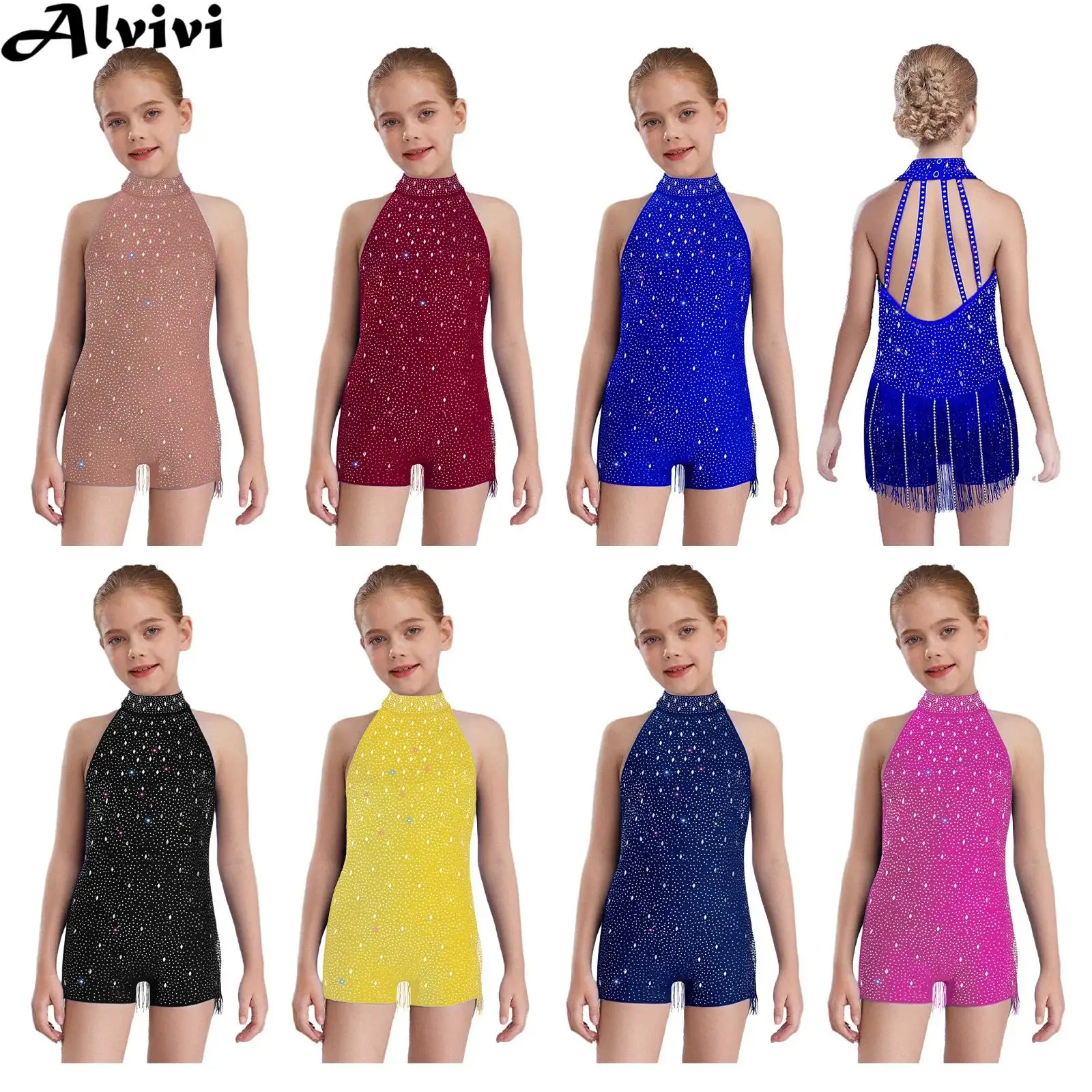 Kids Girls Latin Jazz Dance Bodysuit Cha-cha Samba Tango Skating Gymnastics Leotard Sleeveless Shiny Rhinestones Tassel Jumpsuit