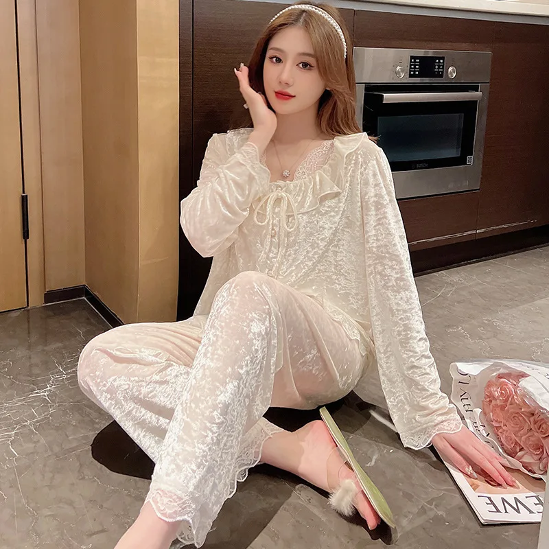 المخملية منامة مجموعة النساء الخريف الشتاء ملابس خاصة الأميرة نمط الدانتيل تقليم ملابس المنزل طويلة الأكمام بنطلون 2 قطعة المتسكعون