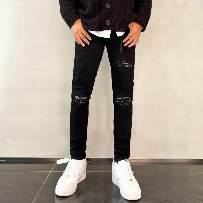 Y2Kdesigner's new men's jeans with bead patches washed, nostalgic, elastic, slim fit, black jeans, high street, high-qualit
