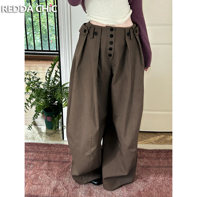 REDDACHiC Chocolate Button Decor Women Dress Pants Casual Loose Cleanfit Pockets Pleats Suit Trousers Trendy Work Office Bottoms
