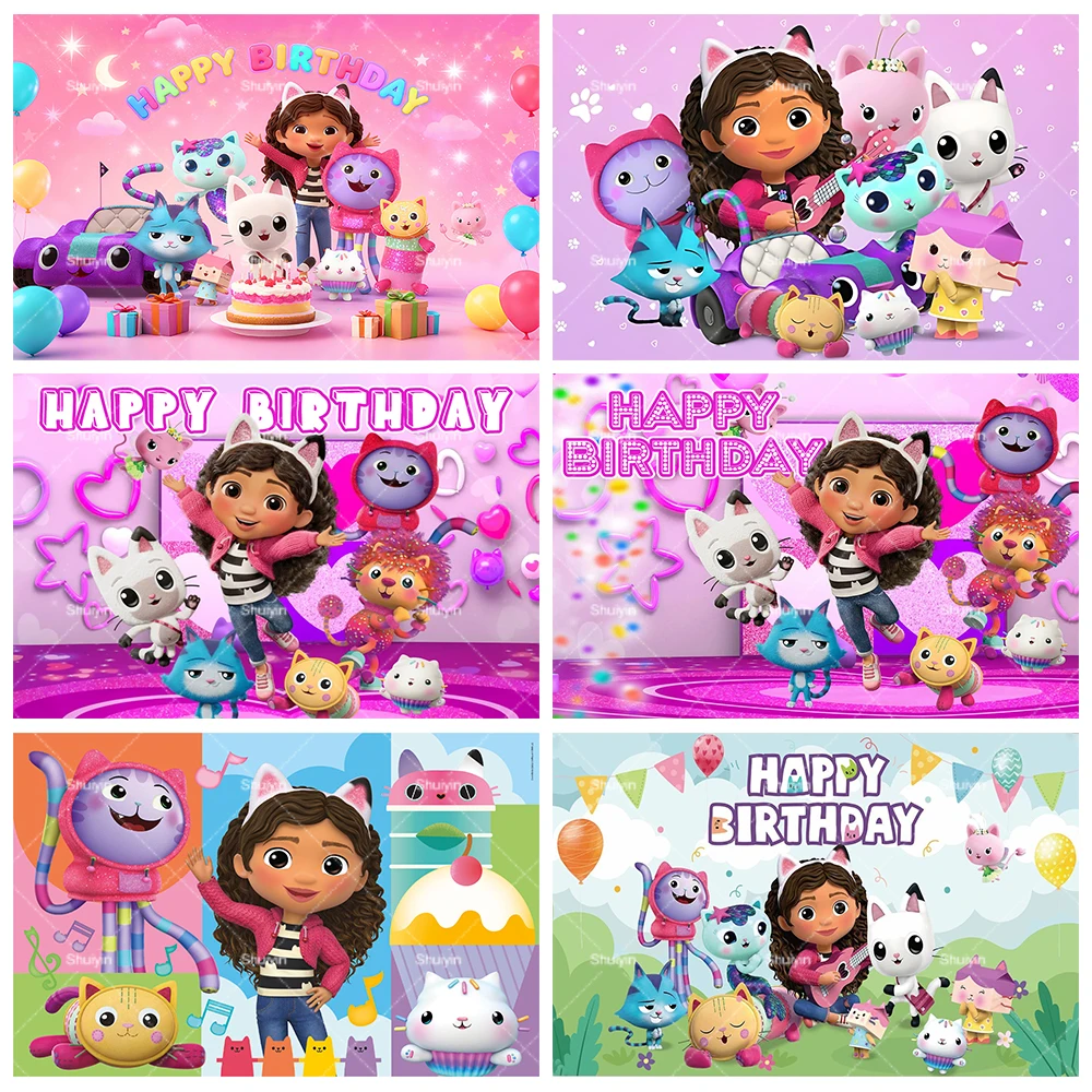 Decoración de Fiesta de Cumpleaños de Gabby Dollhouse, Telón de Fondo para Baby Shower, Artículos de Fiesta, Pancarta Rosa, Juguetes, Accesorios para Sesión de Fotos