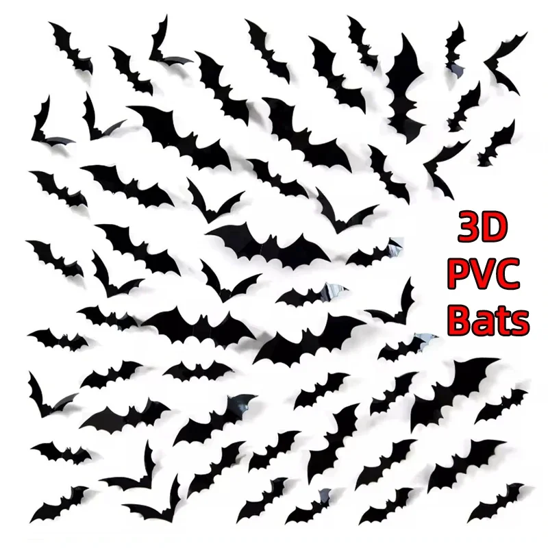 3D Black PVC Bat Spider Wall Stickers Scary Halloween Decorations Party Props DIY Home Bar Room Spooky Ornament Supplies