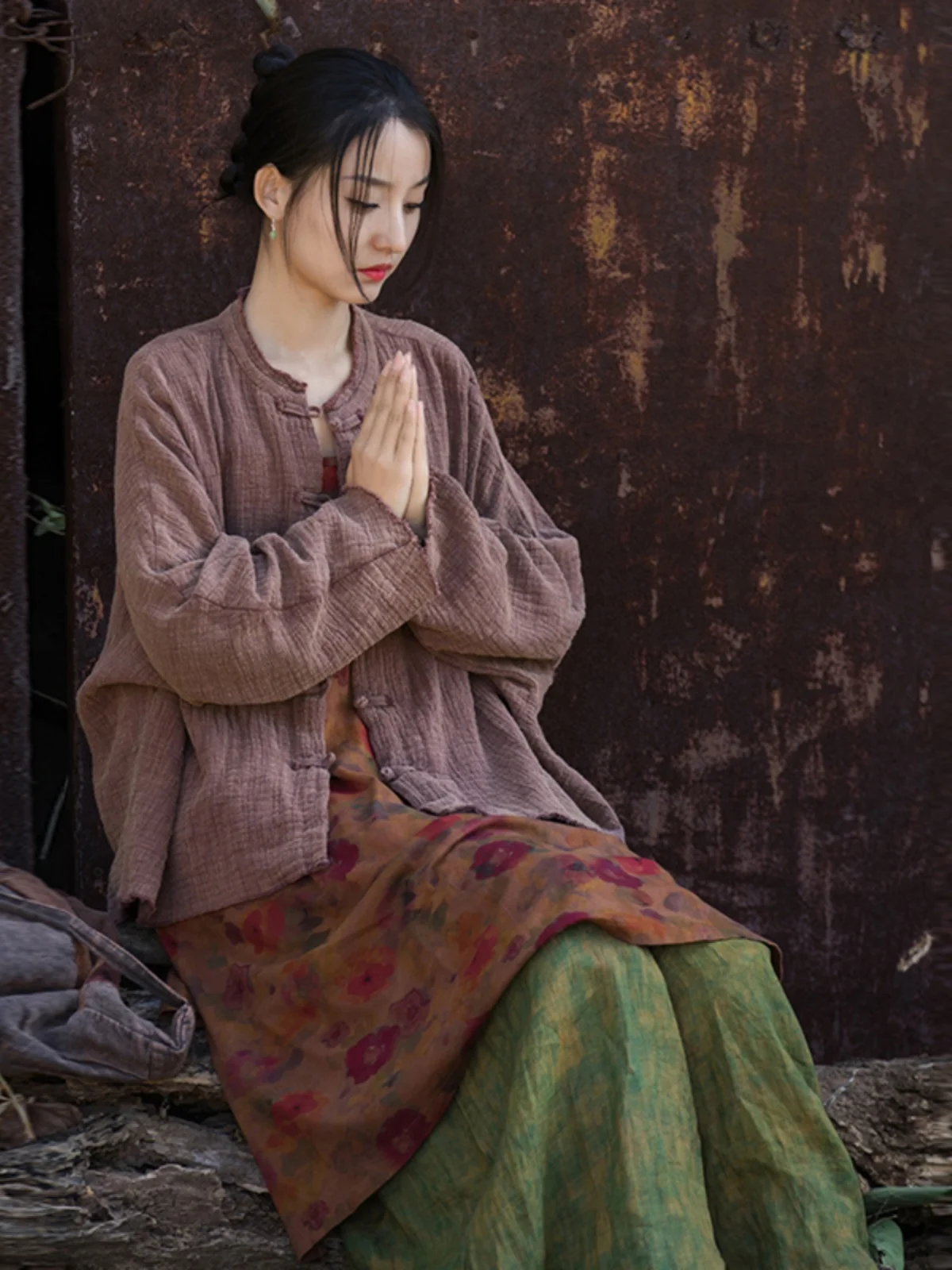 Retro Batwing Open Cardigan Cotton Linen Women's Jacket Tie Dye Sand Washed Tai Chi Zen Study Button Artistic Vintage Outerwear