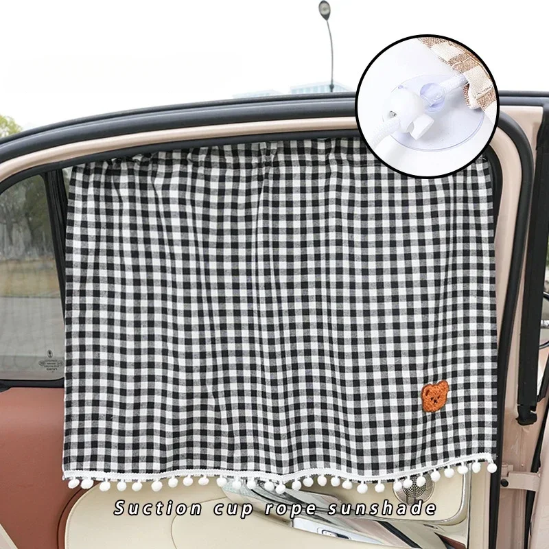 Car sunshade side curtain Cartoon cotton checkered bear car curtain summer sun shield