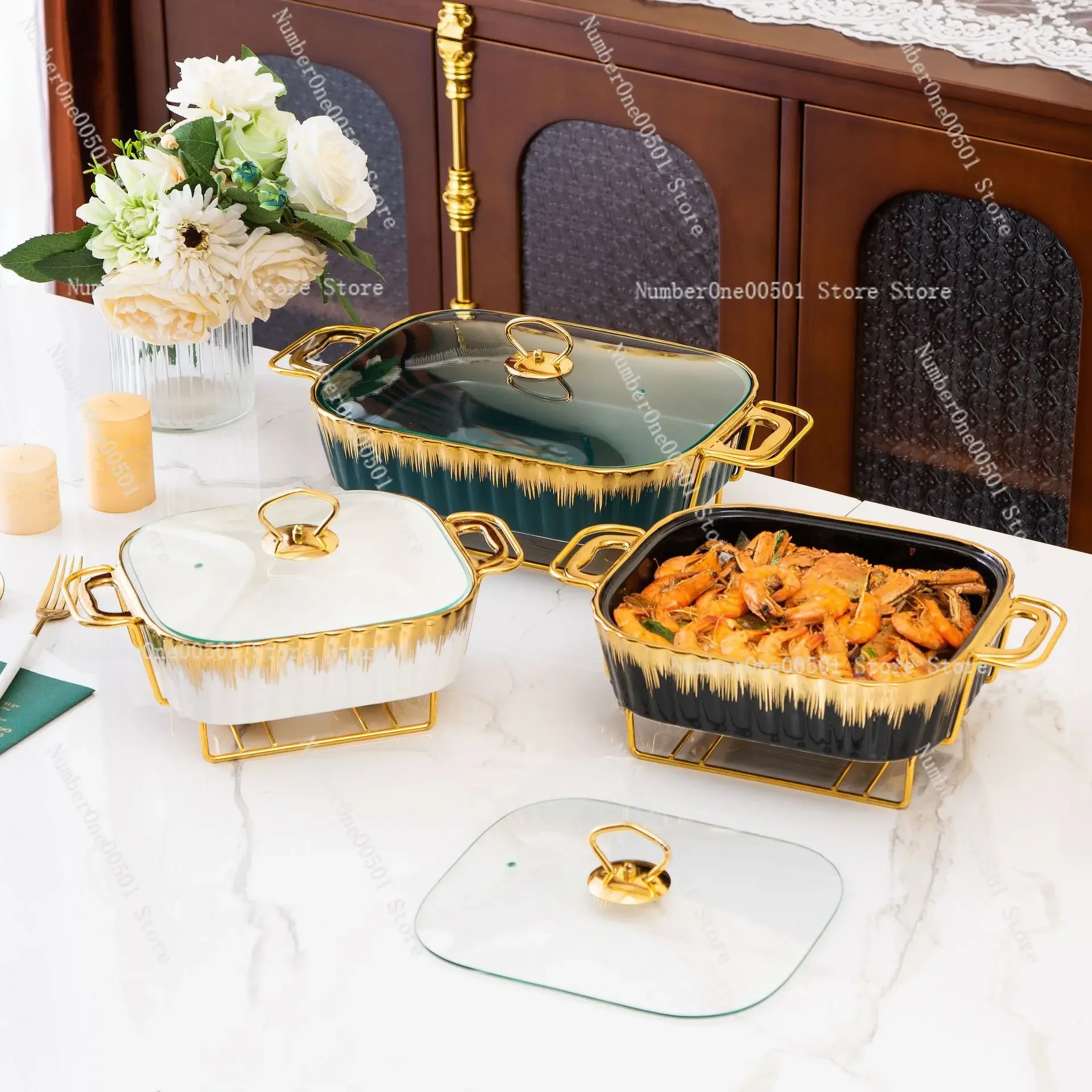 Rectangle gold ceramic pot baking tray tableware light heat hotel dry soup pot casserole creative pot rack