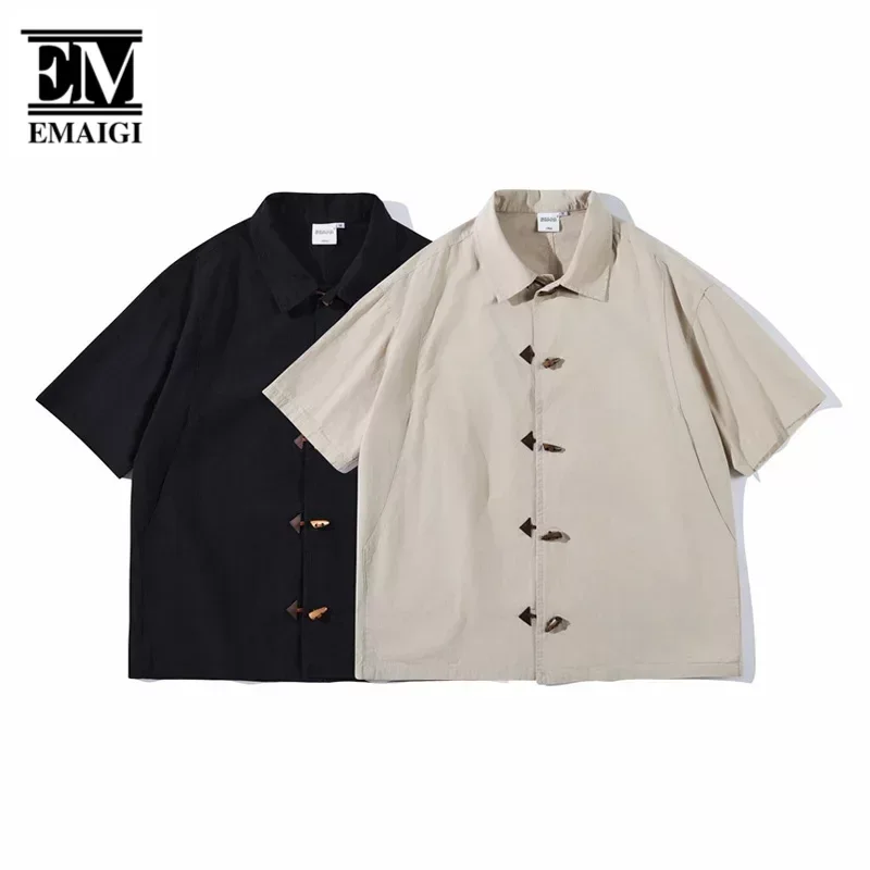 

Men Summer Horn Button Loose Casual Vintage Short Sleeve Shirt Man Harajuku Streetwear Chinese Retro Oversized Shirts Blouses