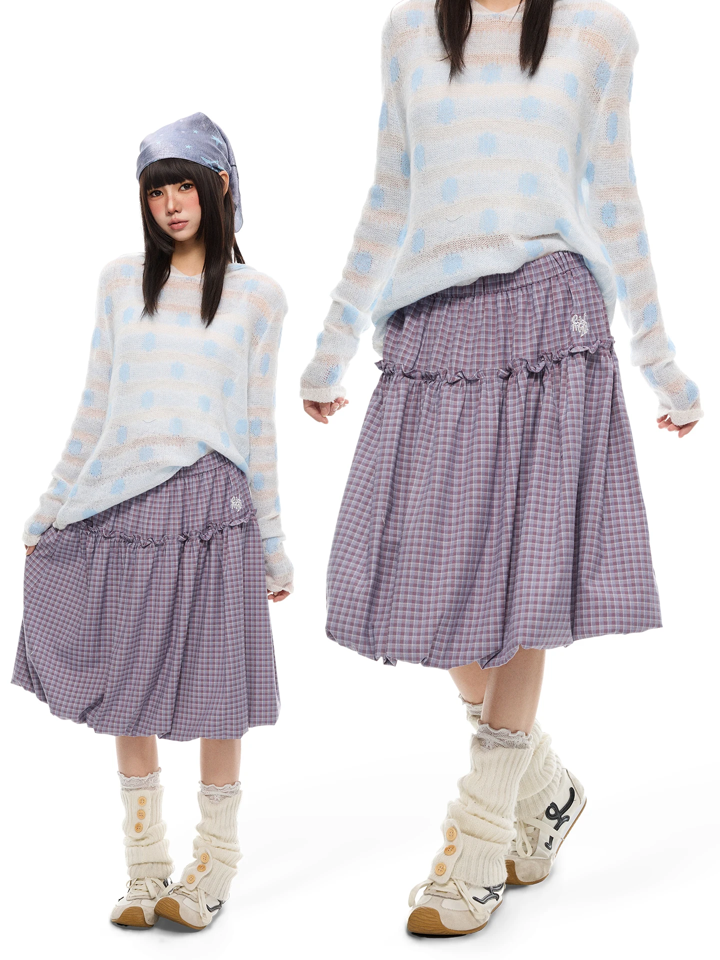 K787 American Retro Design Loose A-Line Skirt Women's Pleated Shape Half-length Simple Style Polyester Fiber Elastic Waist
