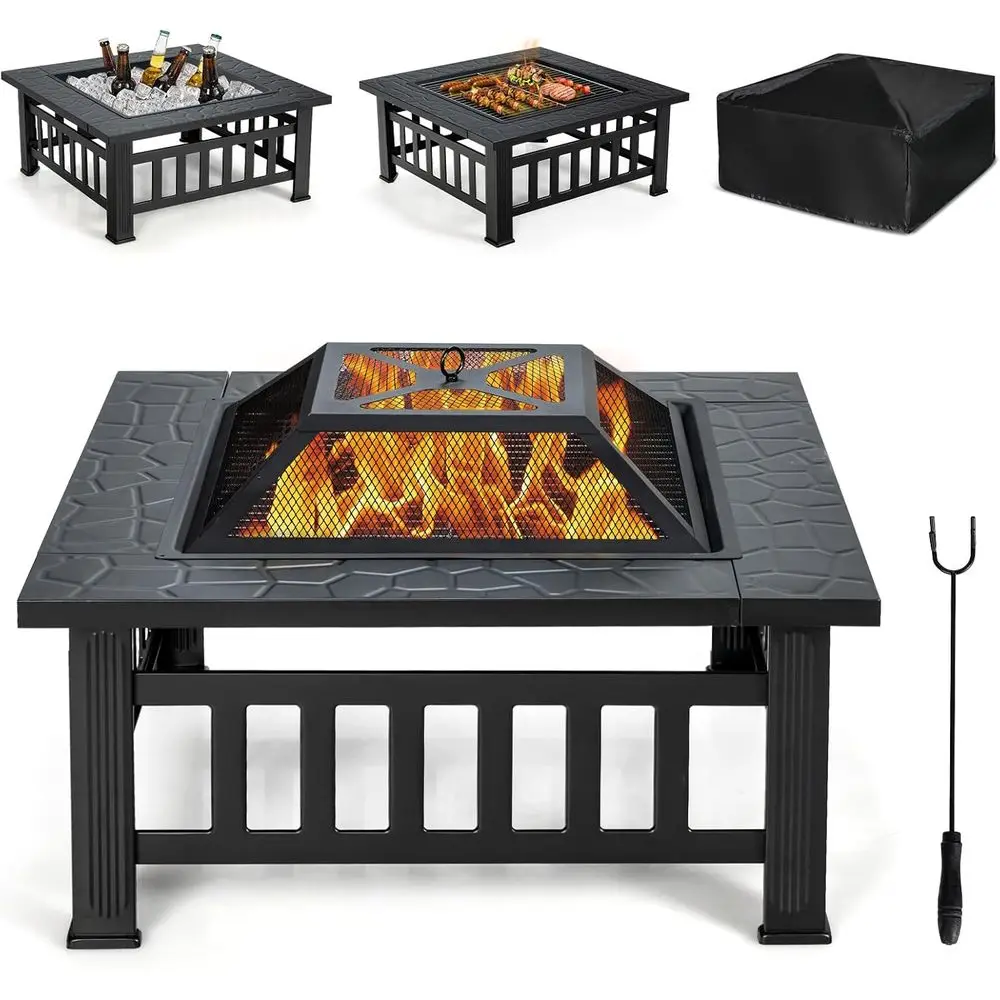 32 Outdoor Fire Pit, 3 in 1 Square Wood Burning Fire Table, Multifunctional Fire for Outside Patio Backyard Porch Garden, Bonfir