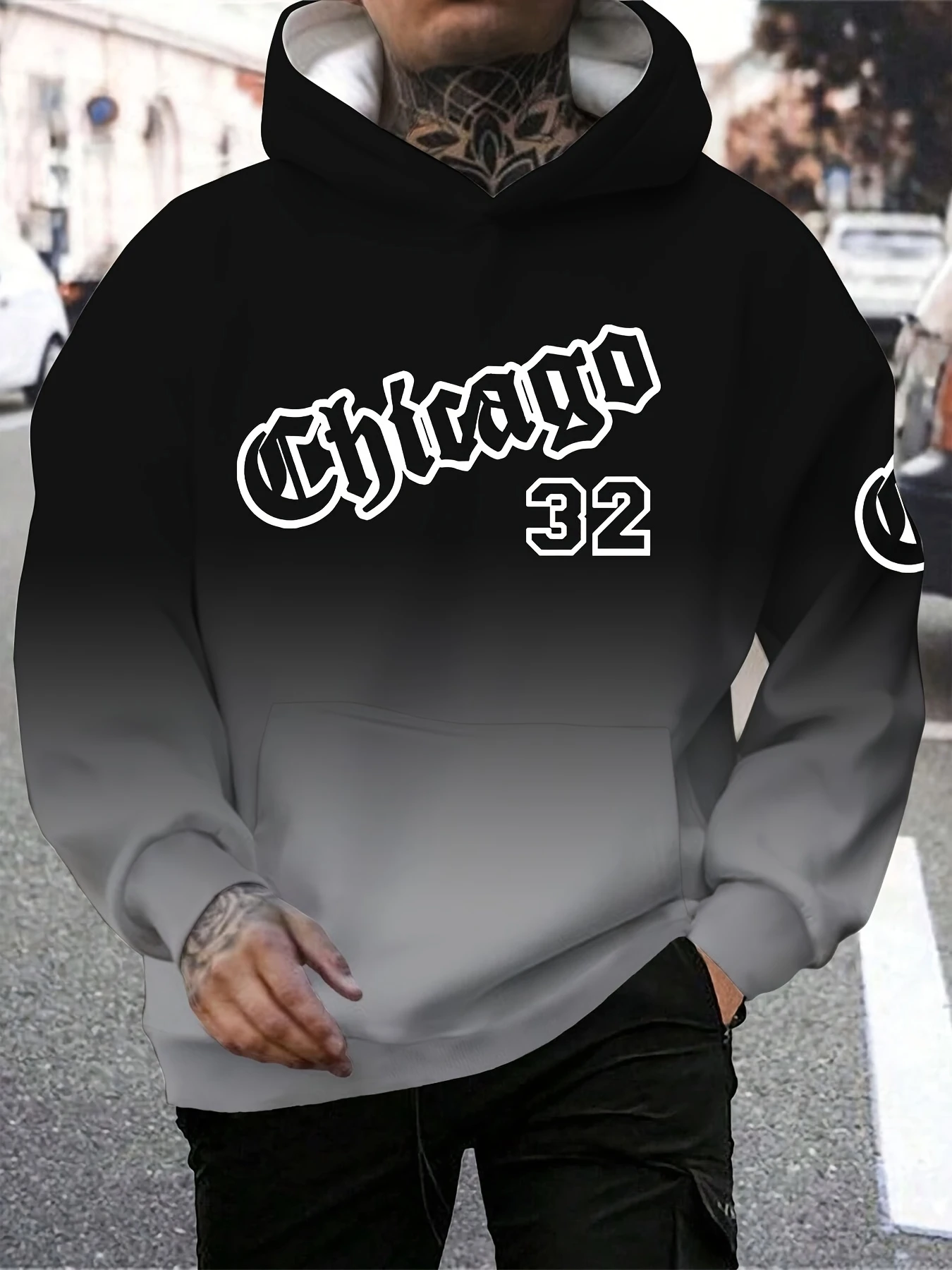 Men Gradient Color Graphic Hoodie Chicago 32 Gothic Letter Print Long Sleeve Pullover Hooded Sweatshirt Street Casual Tops