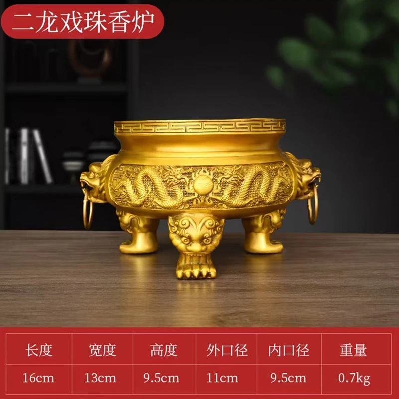 Brass Double-Dragon , Home Worship Ornament, Three-Legged Burner For Offering Incense In Ancestral Halls,