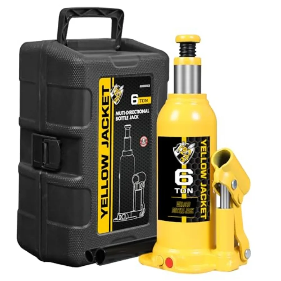 Gato hidráulico de botella de 6 toneladas multidireccional soldado para coches, con estuche de transporte y mango de bomba, apto para sedanes, color amarillo