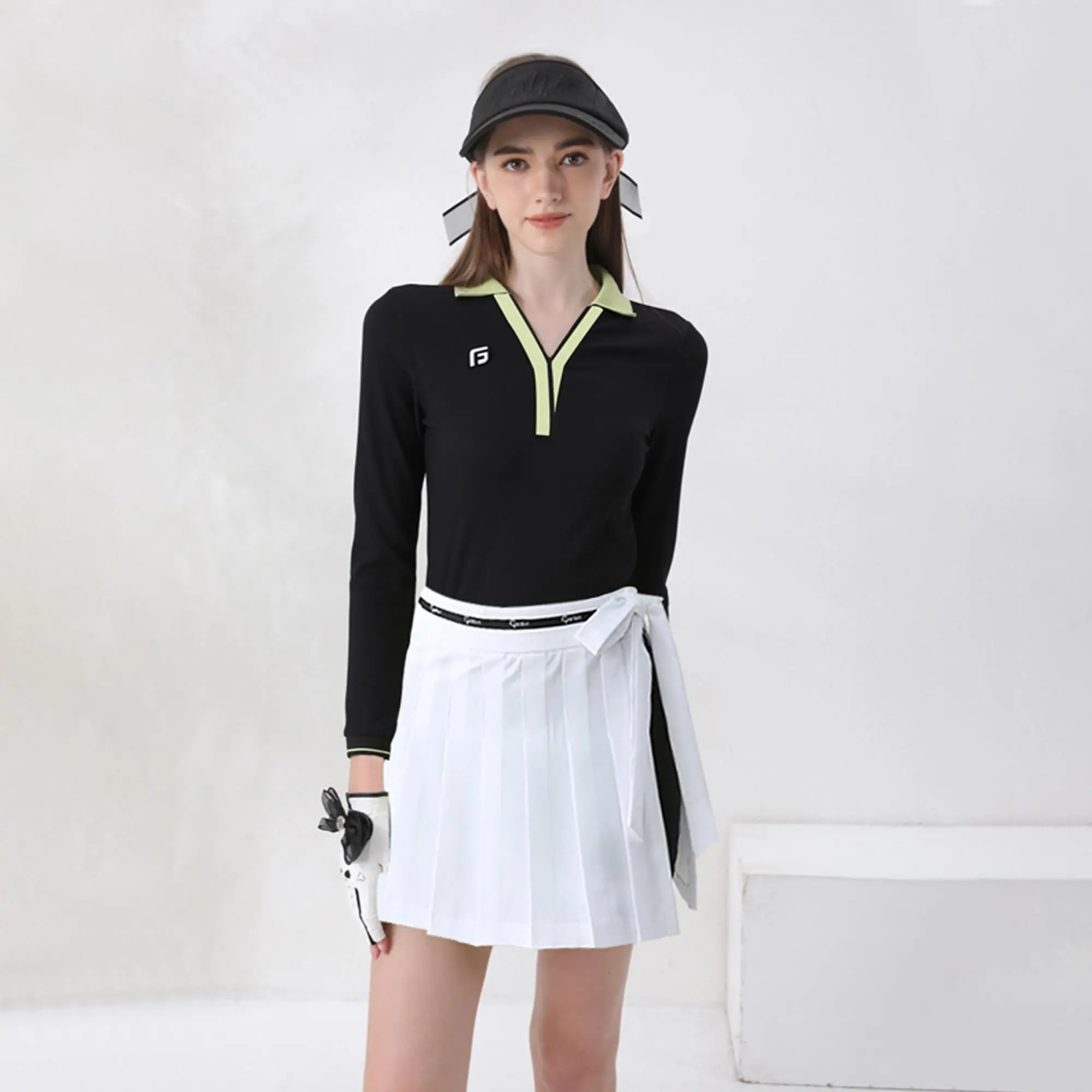 Ropa de golfista para mujer, camiseta de manga larga con cuello en V, Tops ajustados, faldas de golf plisadas con lazo, faldas pantalón de moda con pantalones cortos