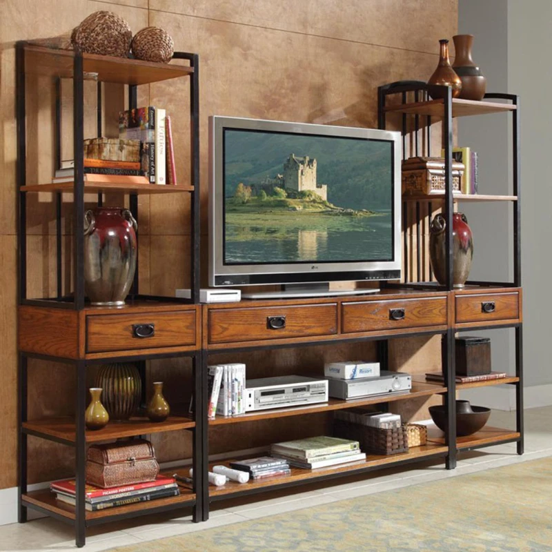 Retro solid wood baffle shelf bookshelf TV cabinet wrought iron floor shelf