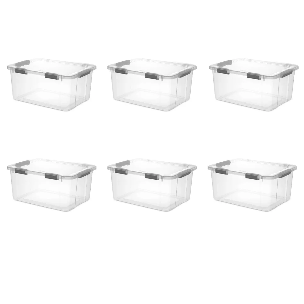 

60 Qt. HingeLID Storage Box Plastic, Flat Gray, Set of 6 Storage Bin Storage Basket