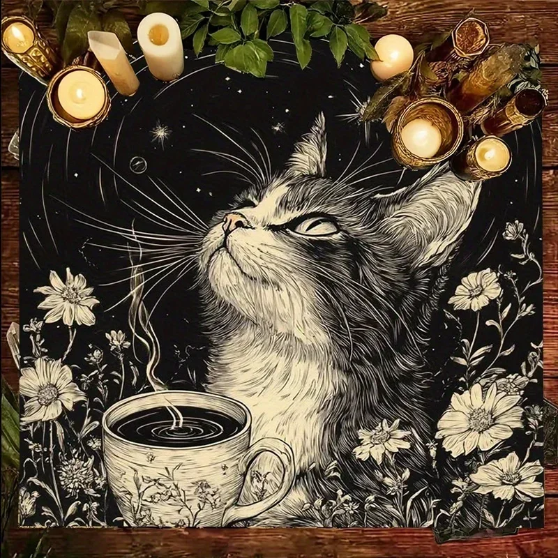 50/75/110cm Black White Starry Cat Coffee Tarot Altar Cloth Retro Floral Ritual Tablecloth Tarot Reading Cloth Energy Cleansing