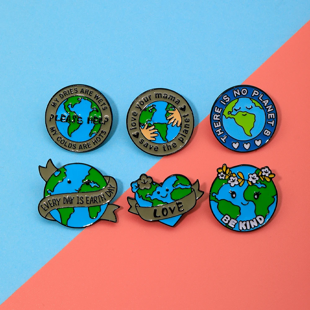 6 Pcs/Set Environmental Brooches Protecting the Earth Environment Hard Enamel Pins Backpack Bag Jacket Coat Jewelry Decoration