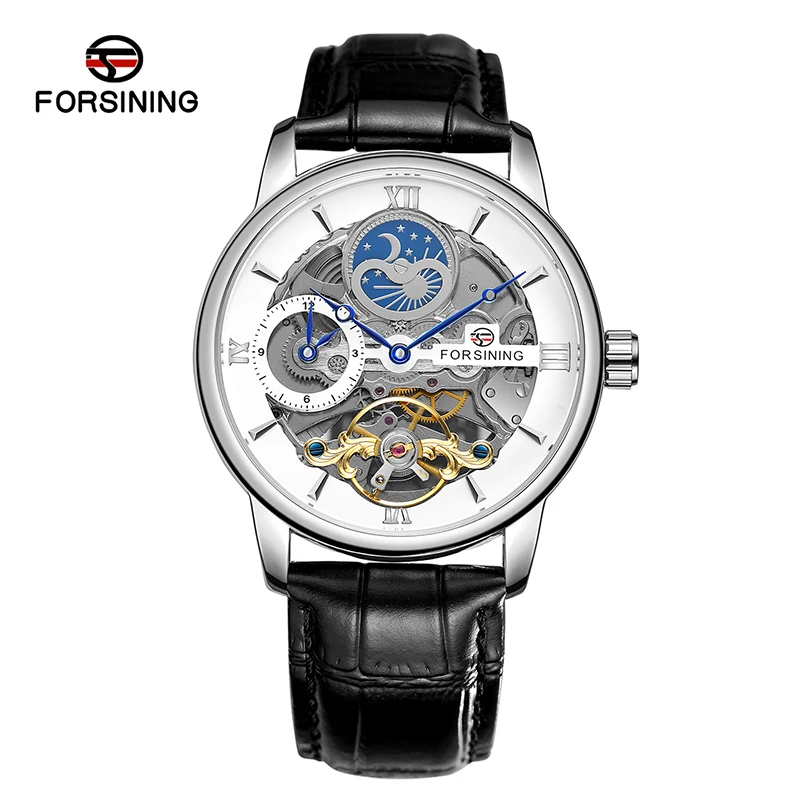 FORSINING Automatic Mens Watch Top Brand Luxury GMT Dual Time Retro Moon Phase Skeleton Mechanical Male Wristwatch Leather Strap