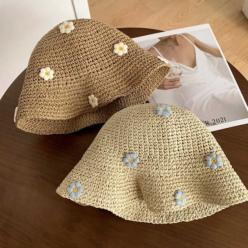 Ladies' Bucket Hats Small Daisy Solid Color Simple Fashionable Versatile Woven Straw Hats Summer Beach Travel Sun Hats For Girl