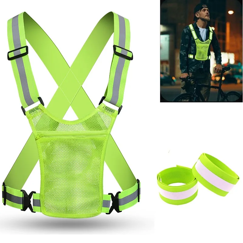 Outdoor Night Walking Reflective Vests With Storage Bag Highlight Adjustable Lightweight Biking Safety Strap Waterproof Running